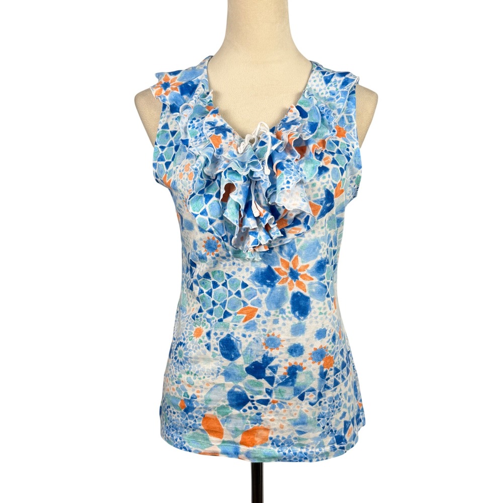 Lauren Ralph Lauren Ruffle Neck Top Blouse Womens Medium Floral Mosaic Blue